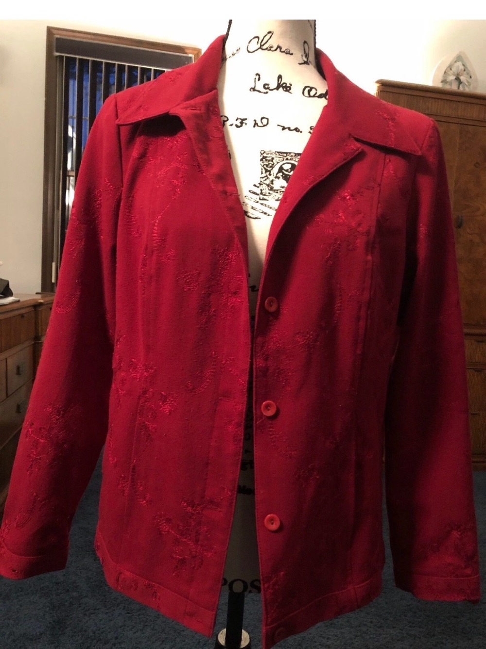 DIALOGUE Red Lined Embroidered Suit Jacket With Pockets Size 4